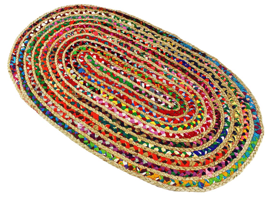 Cotton Craft - Hand Woven Reversible Jute & Cotton Multi Chindi Braid Rug - 4 x 6 Feet Oval - This Rug is Made from Multi Color re-cycled Yarns, Actual Product May Vary in Color from The Image Shown