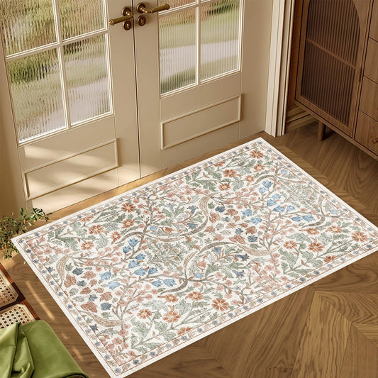 2x3 Washable Area Rug for Entryway Vintage Boho Floral Rug Non-Slip Low Pile Soft Faux Wool Small Carpet Kids and Pets Friendly for Bathroom Bedroom Kitchen Hallway Bedside Home Decor Rug Beige