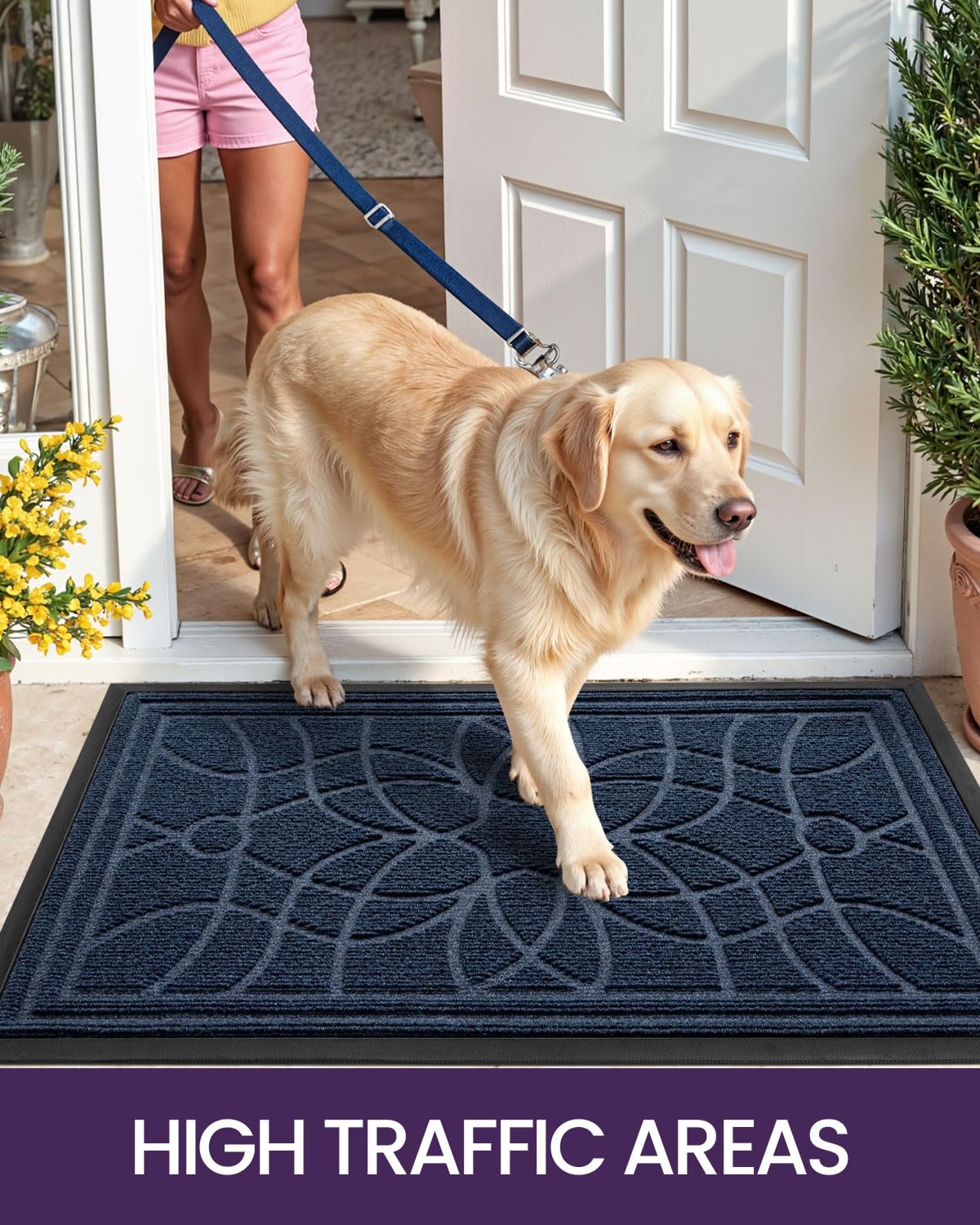 DEXI Front Door Mat Outside Entrance 24x47, Heavy Duty Non Slip Low Profile Doormat for Entryway, Trap Dirt and Moisture Welcome Mats, Easy Clean, Patio, Garage, Blue