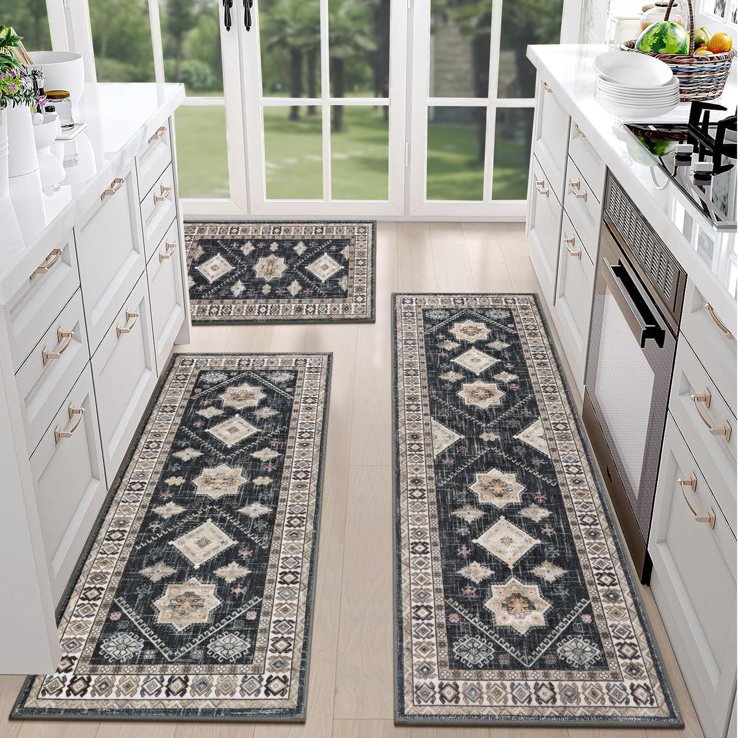 HEBE Boho Kitchen Rug Sets 3 Piece with Runner Non Slip Kitchen Rugs and Mats Washable Kitchen Mats for Floor Thick Kitchen Floor Mat Carpet Runner Rugs for Hallway Laundry Holiday Decor