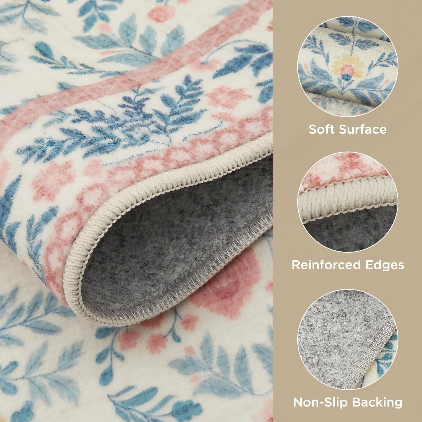 Joydeco Machine Washable Light Pink 5x7 Area Rugs for Bedroom Girls Playroom, Boho Floral Kids Room Nursery Rug Non Slip, Soft Indoor Floor Carpet for Dorm Living Room Classroom