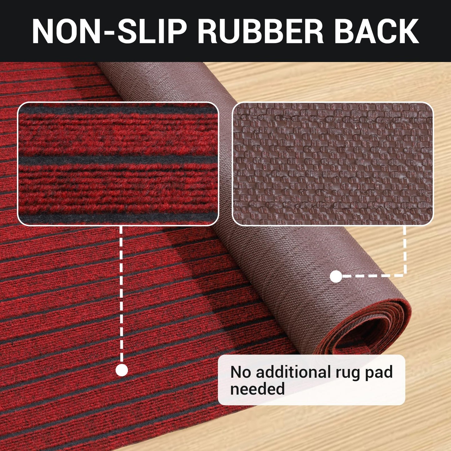 Stripe Runner Rug 2 x 6 ft Indoor Outdoor, Burgundy Non Slip Rubber Backing, Waterproof Low Profile Area Runner for Hallway, Entryway, Kitchen, Patio, Garage, Stairs & Laundry