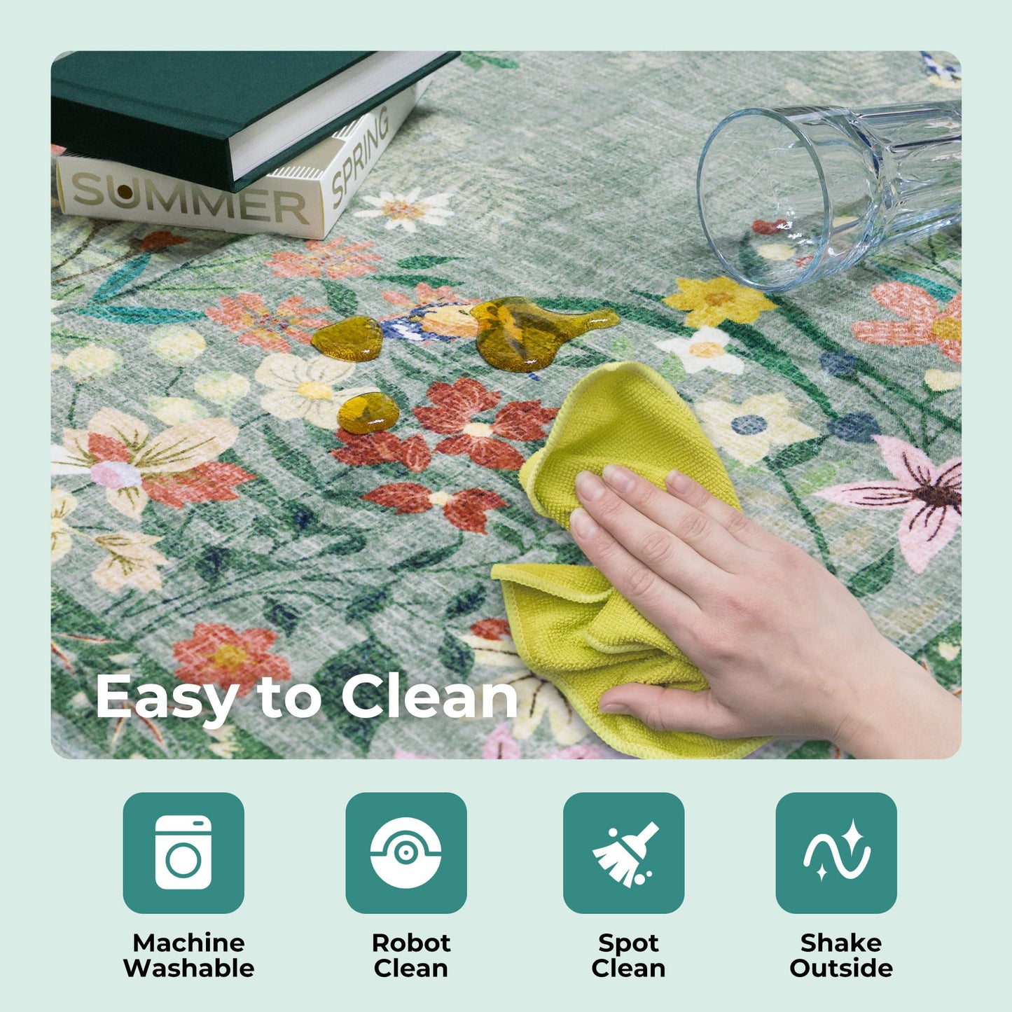 Floral 5x7 Green Area Rug Machine Washable Soft Print Boho Carpet Non Slip Rugs Low Pile Flower Area Rugs for Living Room Bedroom Nursery Kitchen Dining Room Indoor-Green