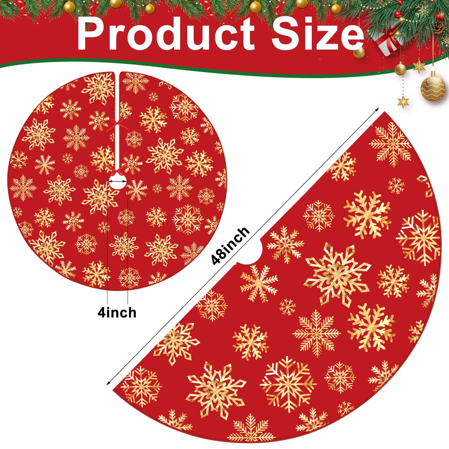 48 Inch Christmas Snowflake Tree Skirt Gold Snowflake Red Christmas Tree Skirt Large Red Round Xmas Trees Mat with Gold Snowflakes for Winter Holiday New Year Party Xmas Trees Home Decor