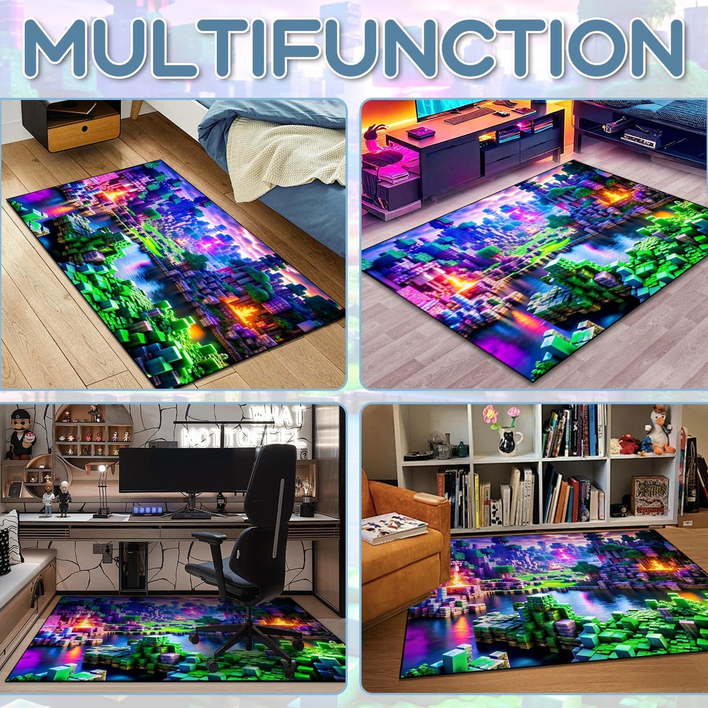 Block Game Rug Teen Kids Carpet, Pixel Games Scene Decoration Mat, Washable Cube Block Game Rugs for Boy's Bedroom Living Room Playroom, Non-Slip Children Gaming Area Rugs, Purple Field, 63" x 47"