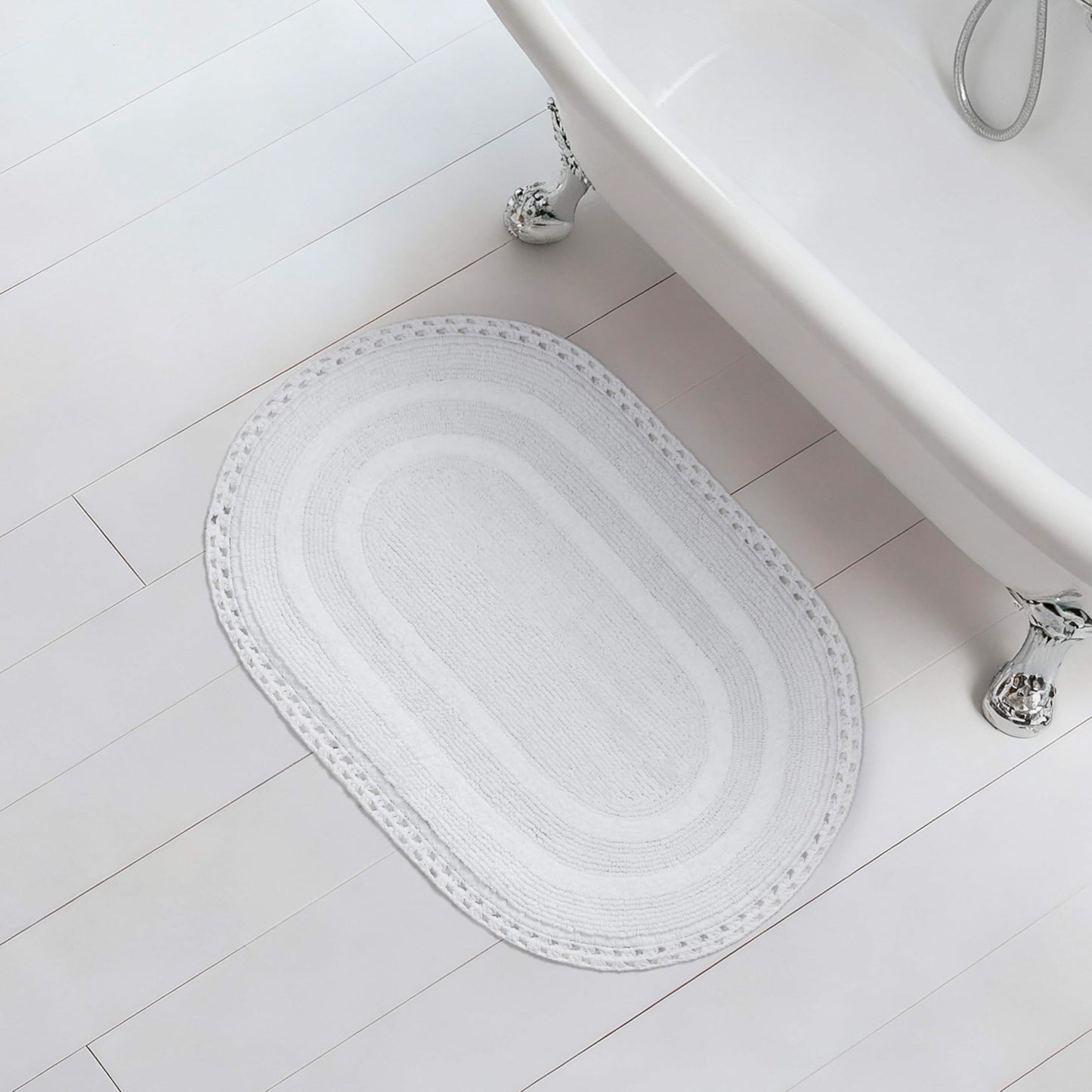 Laura Ashley Camilla 100% Cotton Oval Bath Mat with Crochet Border, Soft & Absorbent, Bright White 21" x 34" Bathroom Rug