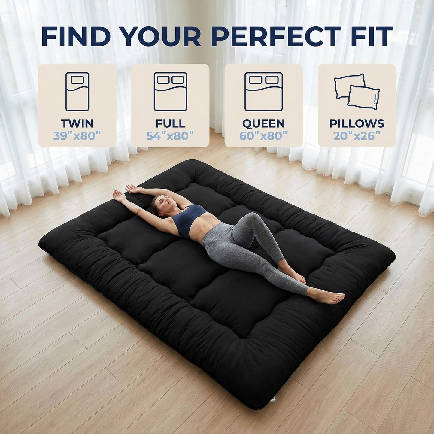 Cosovia Japanese Floor Mattress Futon Mattress, 3.5 Inch Thick Foldable Roll Up Tatami Mat with 2 Pillow Covers, Full Size Floor Bed for Guest Room Dorm Camping Kids, Black