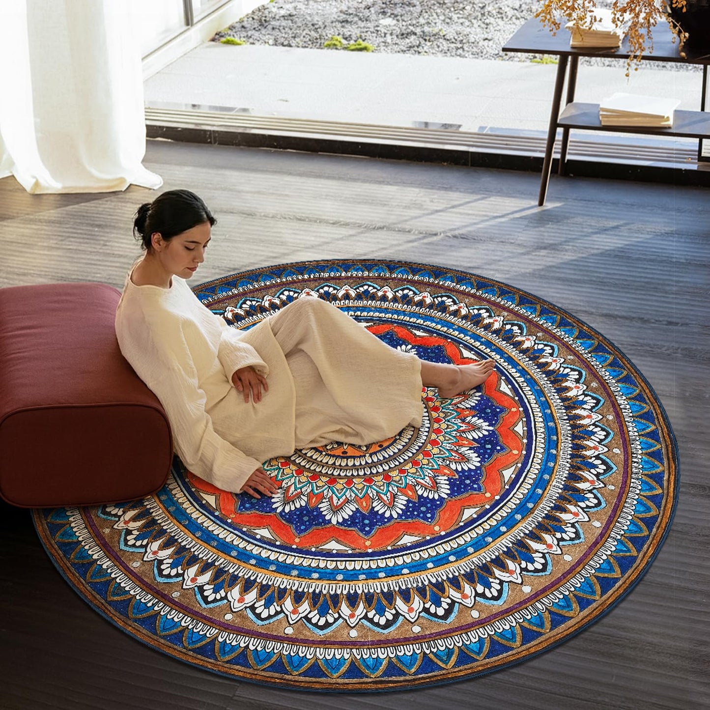 jinchan Mandala Round Rug 6ft Blue Rustic Boho Washable Rug Tribal 6' Round Vintage Peaceful Circle Rug Soft Non Slip Low-Profile Carpet for Living Room Bedroom Dining Room Patio, Saffron Blue