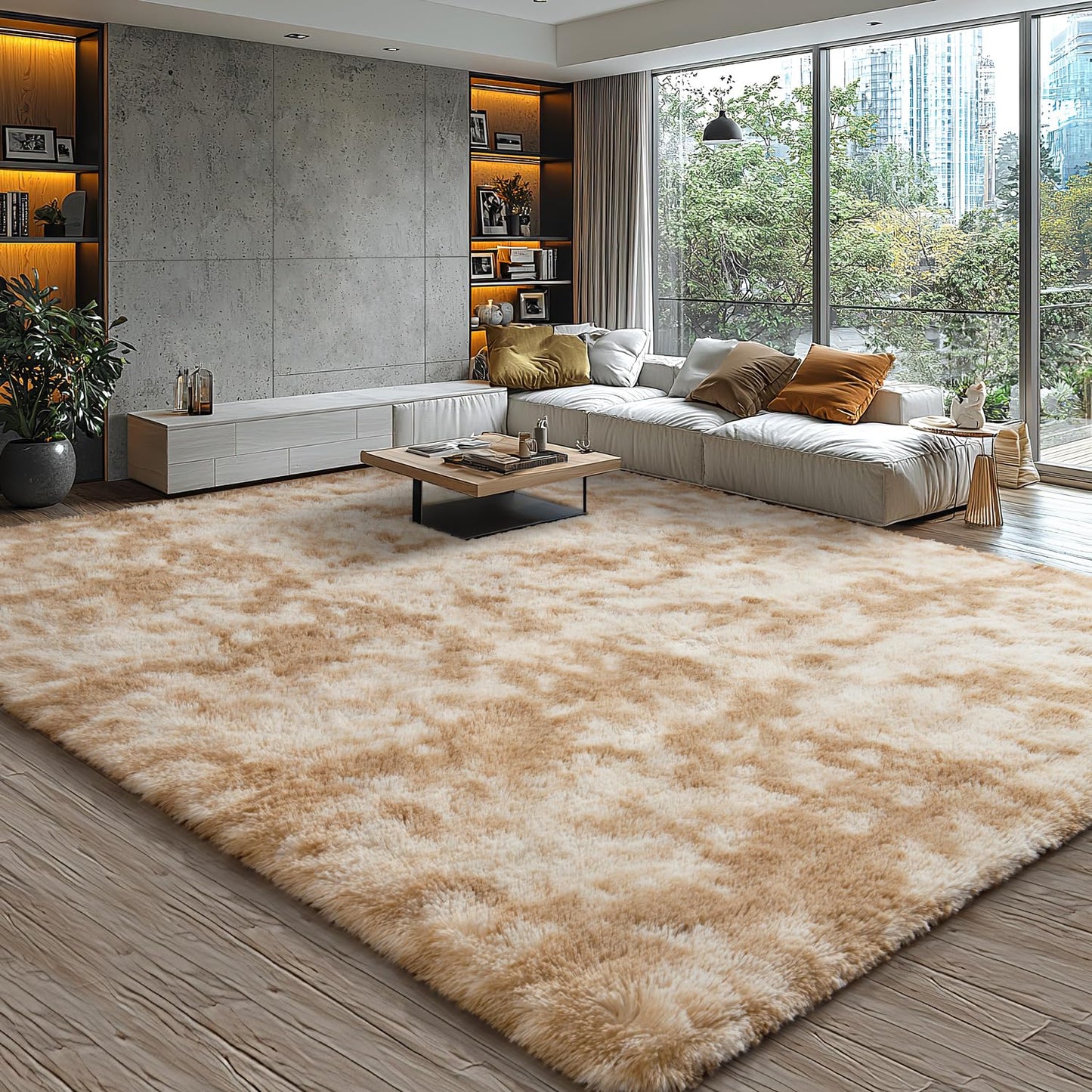 EVOIONOS Area Rug for Bedroom Living Room, Machine Washable 5x7 Fluffy Shag Rug, Soft Plush Non Slip Carpet for Indoor Floor Bedside Nursery Kids Girls Room Dorm, Home Decor Aesthetic, ‌Tie-Dye Camel