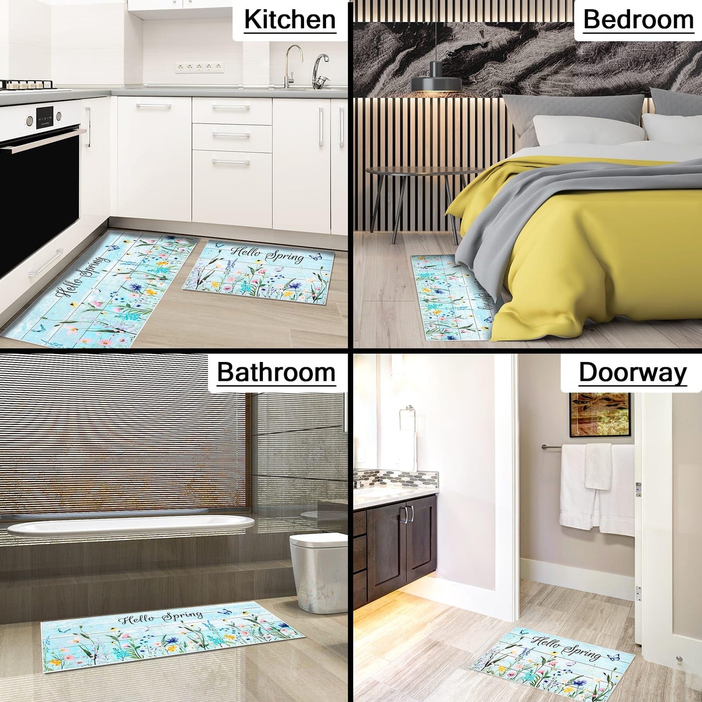 WERNNSAI Hello Spring Kitchen Decor Rugs Set- 2 Piece Kitchen Mats Non-Slip Kitchen Backing Area Rugs Sweet Home Doormat Washable Waterproof Standing Mat for Indoor Outdoor Entry Floor