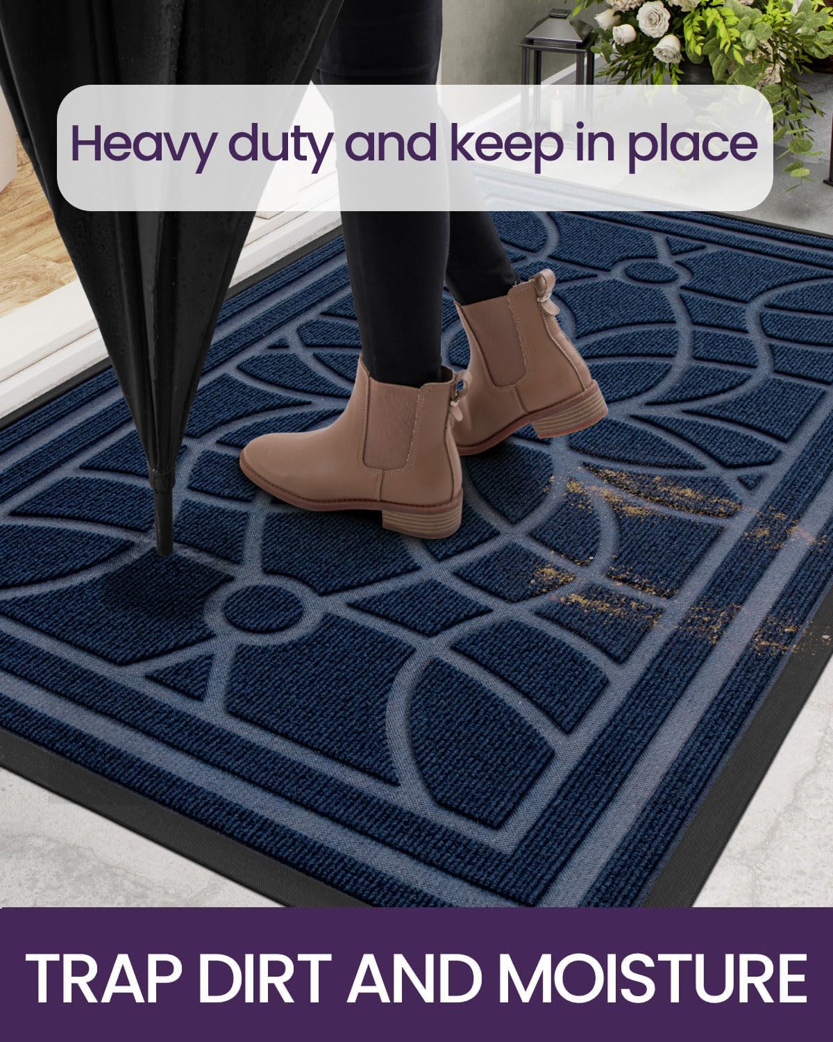 DEXI Front Door Mat Outside Entrance 24x47, Heavy Duty Non Slip Low Profile Doormat for Entryway, Trap Dirt and Moisture Welcome Mats, Easy Clean, Patio, Garage, Blue
