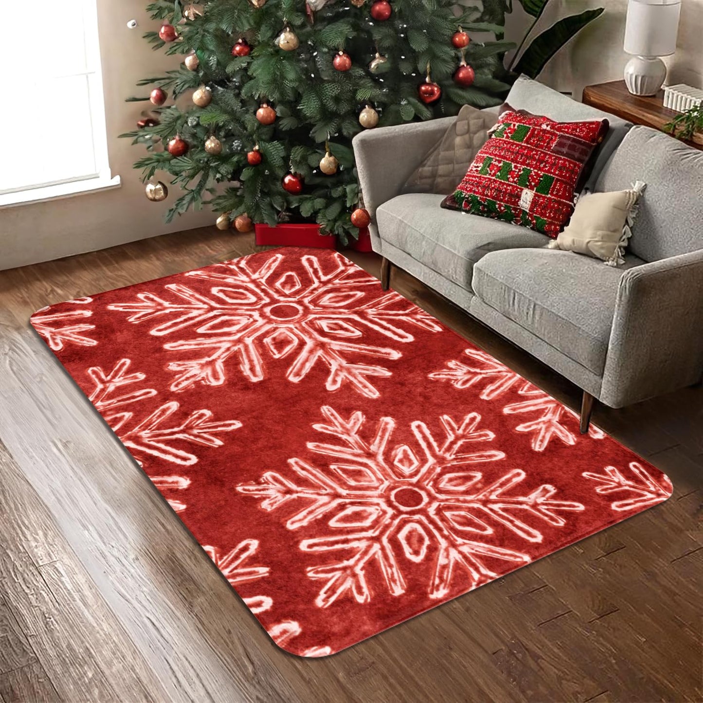 Christmas Area Rug Snowflake Winter Area Rugs Christmas Decorative Rug Xmas Throw Carpet Washable Non Slip Holiday Rug for Entryway Bedroom Living Room Laundry Room Indoor Red 3 x 5 FT