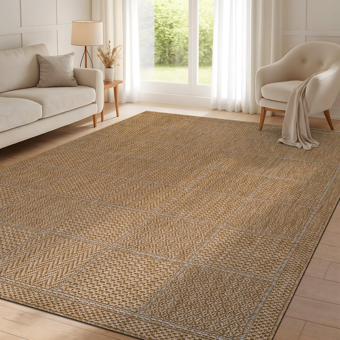 Beverly Rug Easy Jute Checkered Squared Rug 10x14 Washable Large Indoor Outdoor Area Rugs for Living Dining Room Patio Office Stain Resistant Non Shedding Casual Indoor Outside Carpet 10 x 14 Natural