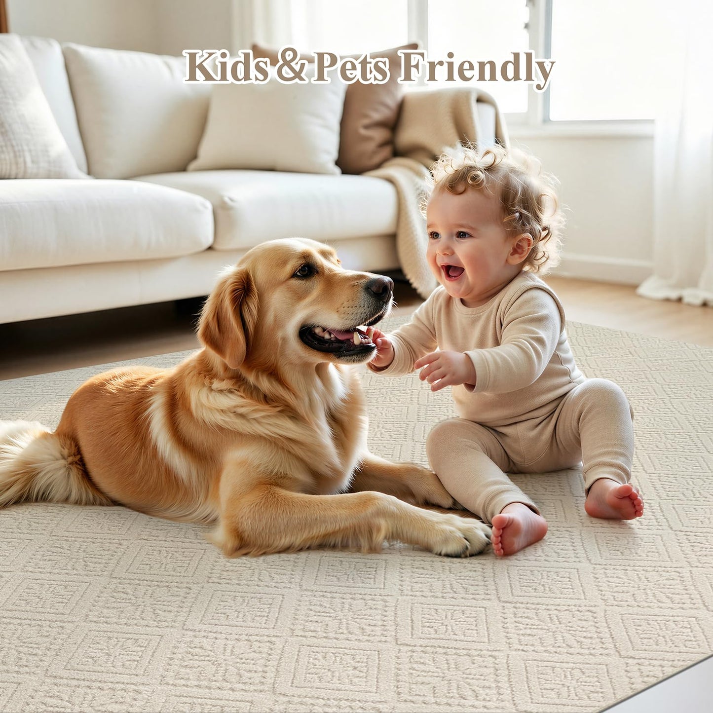 U'Artlines 5x7 Beige Washable Area Rug for Living Room, Soft Fluffy High Low Textured Carpet, Modern Neutral Geometric Non Slip Rugs for Bedroom Dining Room Kids Room