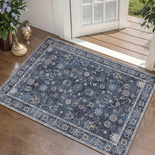 Tangsoo Small Rug 2x3 Throw Rugs for Entryway Washable Entry Rug Non Slip, Vintage Blue Floral Indoor Rugs Distressed Small Carpet Soft Low Pile Boho Door Mat for Entrance Bedroom Kitchen Foyer Decor