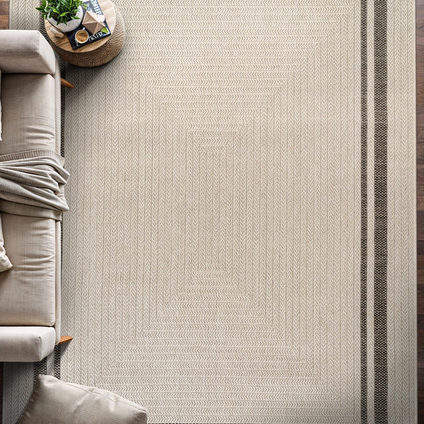 Beverly Rug Easy Jute Bordered Rug 5x7 Washable Durable Indoor Outdoor Area Rugs for Living Dining Room Patio Office Stain Resistant Non Shedding Casual Indoor Outside Carpet 5 x 7 Off-White