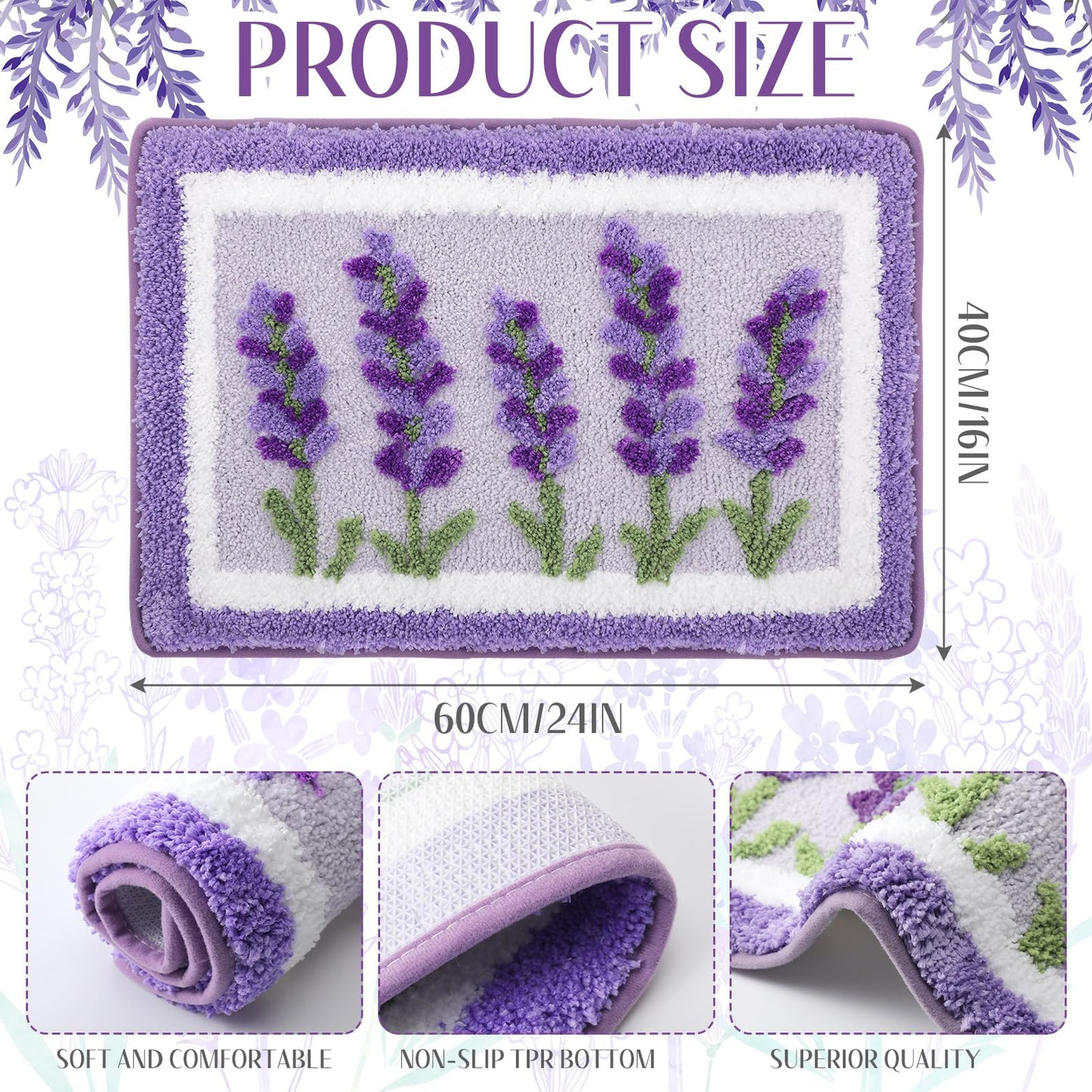 Boao Lavender Purple Bath Mat Floral Tufted Bathroom Rug Lilac Spring Flowers Non Slip Soft Absorbent Lavender Bathroom Decor Accessories for Bedroom Kitchen Floor Tub Shower Sink, 24 x 16 Inches