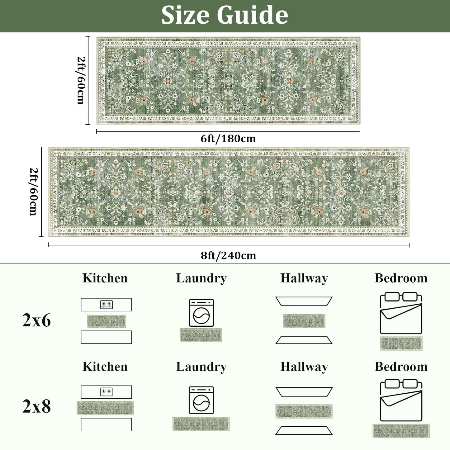 Yamaziot Washable Runner Rug 2x6 – Non Slip Boho Floral Hallway Runner Rug with Rubber Backing, Low Pile Faux Wool Distressed Carpet for Kitchen, Laundry, Bedroom, Entrance, Mottled Green