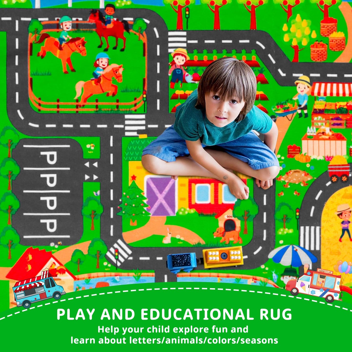 DINSUMRUG Kids Rugs for Toy Cars Playroom 59"×39.4" ABC Farm Life Road Traffic Kids Car Road Rugs Village Map Play Mat for Boys Room Family Tummy Time Playtime Learning Carpet