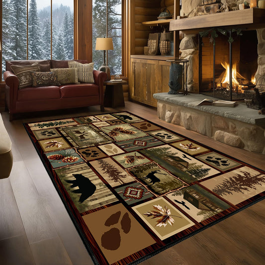 Cabin Rustic Area Rug 5x7 Bedroom Rug,Deer Country Wildlife Bear,Vintage Area Carpets for Living Room,Washable Throw Carpets Entryway Indoor Non Slip Retro Accent Floor Mats for Dining Room,Bathroom