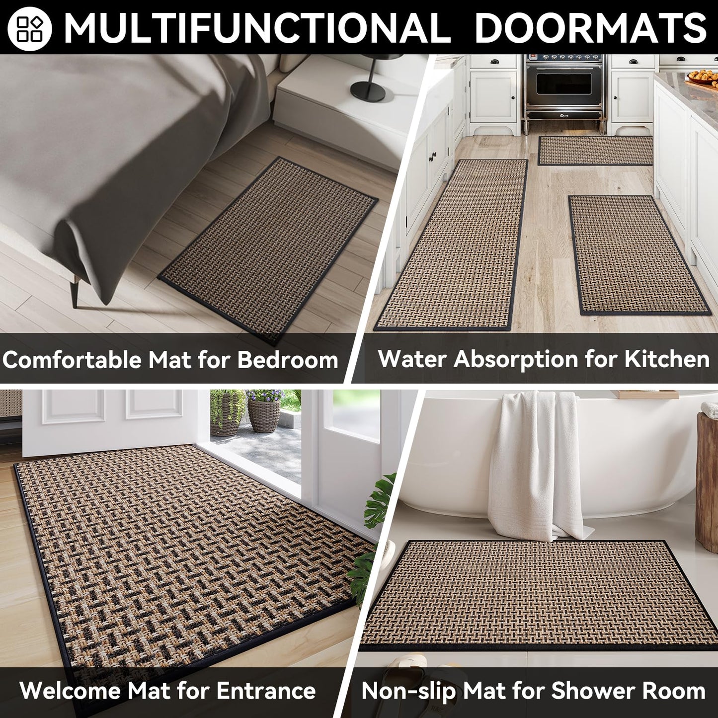 Indoor Door Mat Dirt 36x60 Resistant and Absorbent, Non-Slip Rubber Backing Floor Mats, Easy Clean Low-Profile Doormat for Entryway, Front Door, Inside Entrance Black