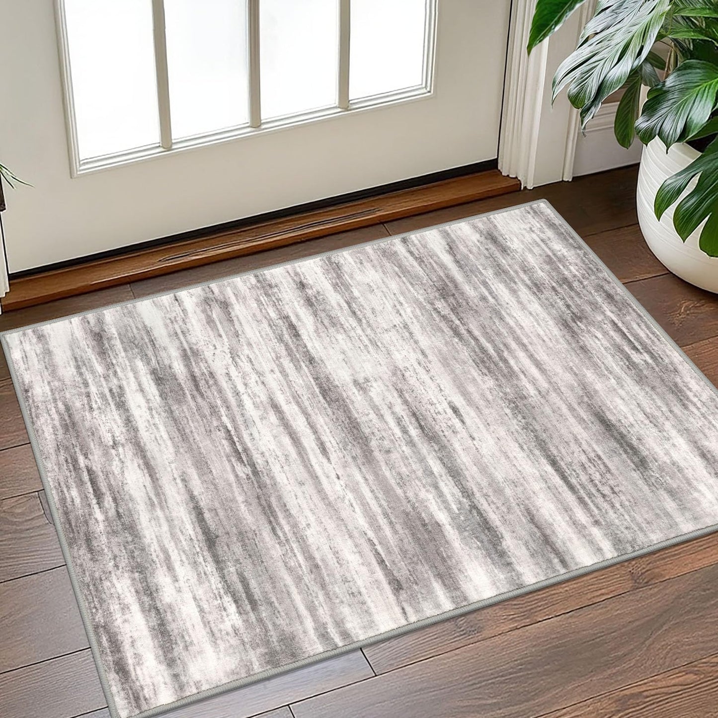 KOZYFLY Modern Abstract Small Area Rugs 2x3, Washable Kitchen Rug Non-Slip Soft Small Bathroom Rug, Grey/Light Beige/Brown Striped Entryway Rugs Abstract Print Faux Wool Doormat