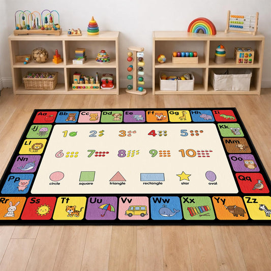 ABC Rug for Classroom, Alphabet, Numbers & Shapes 3-in-1 Educational Area Rugs for Childrens, Non-Slip Animals Learning Carpet for Kids Room, Daycare, Preschool, Elementary -5' x 7' (Multi-Color)