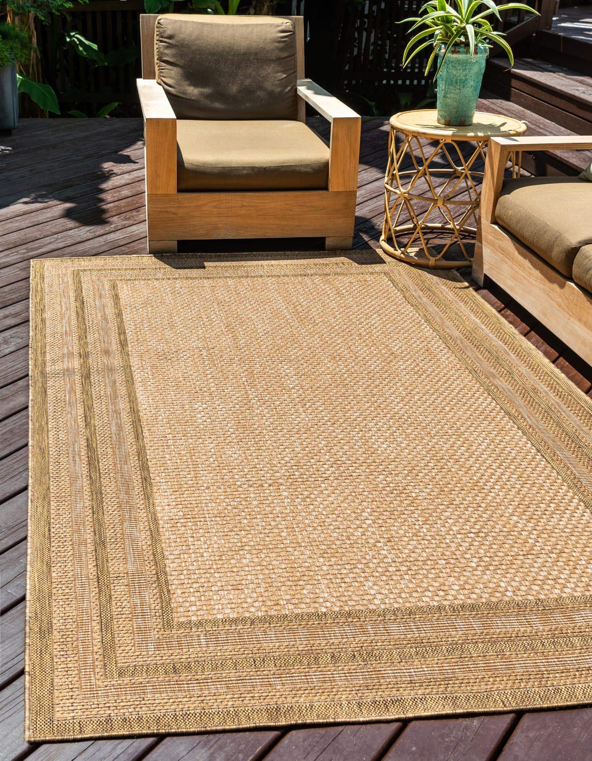Unique Loom Outdoor Border Collection Area Rug - Multi Border (4' 1" x 6' 1" Rectangle, Tan/ Light Brown)