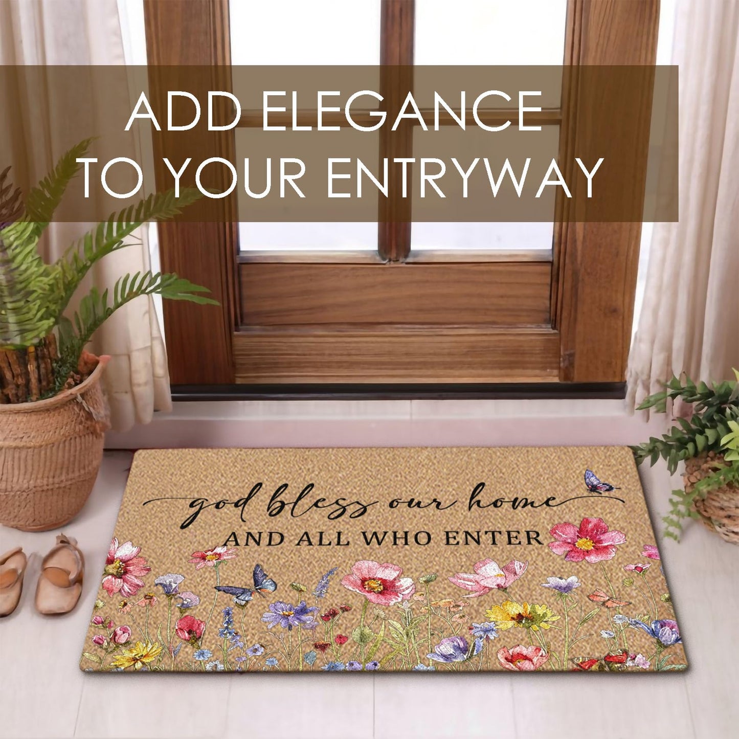 BitKAM Christian Floral Coco Coir Doormat Door Welcome Mat for Home Entrance Front Door, God Bless This Home All Who Enter, Bible Verse Wildflower Floor Mats for Outdoor Outside Entryway 30x17 Inch
