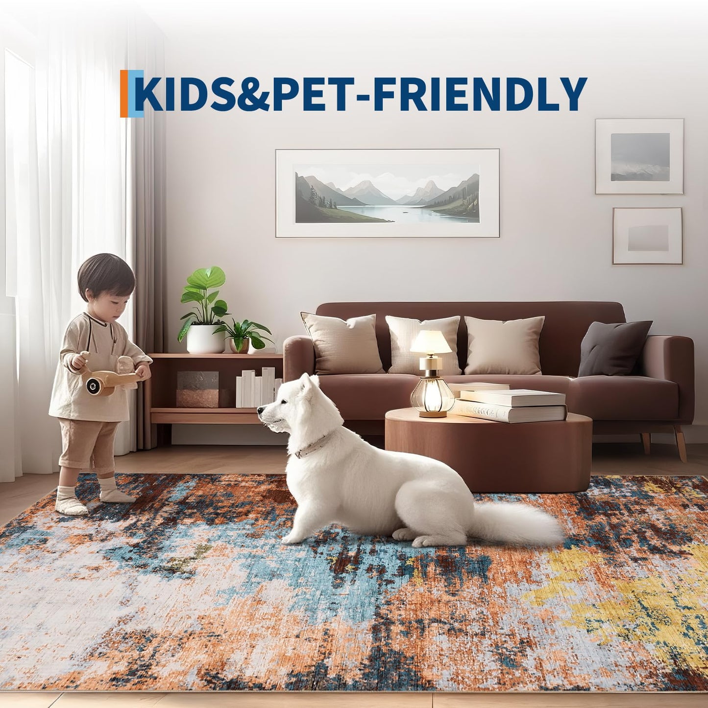 MilleLoom 6x9 Washable Modern Abstract Rug Non Slip Rug Stain Resistant Carpet Contemporary Low Pile Floor Cover for Living Room Dining Room Bedroom, Yellow/ 6'x 9'