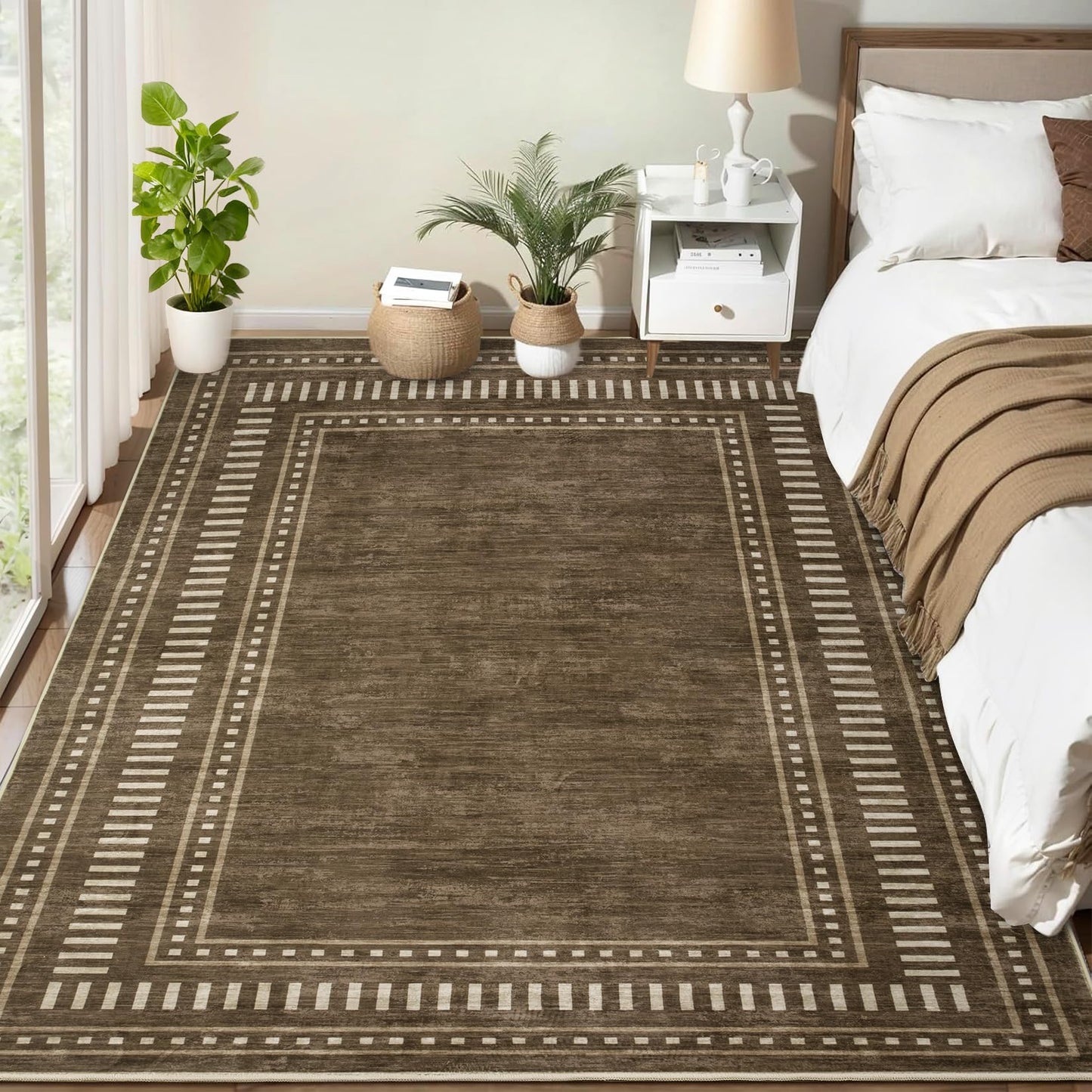 Garvee 4x6 Area Rug - Machine Washable Non-Slip Small Carpet, Soft Low-Pile Farmhouse Floor Mat for Bedroom Home Office Nursery, Foldable Indoor Rug with TPR Backing, Pet Friendly, Brown