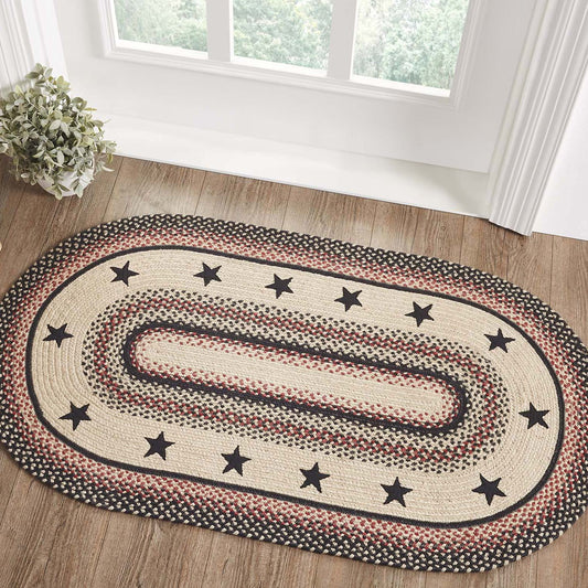 VHC Brands Colonial Star Rug with PVC Pad, Jute Blend, Oval, Tan Black Red, 27x48 inches