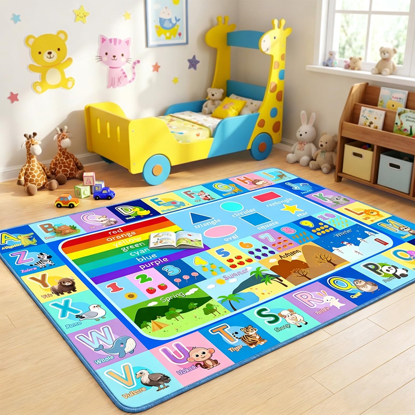 OGPJKEQR Kids Educational Area Rug 3x5, Non-Slip ABC Alphabet Rug for Playroom Bedroom, Learning Carpet with Numbers Animals Seasons, Classroom Nursery Floor Play Mat for Toddlers Boys Girls