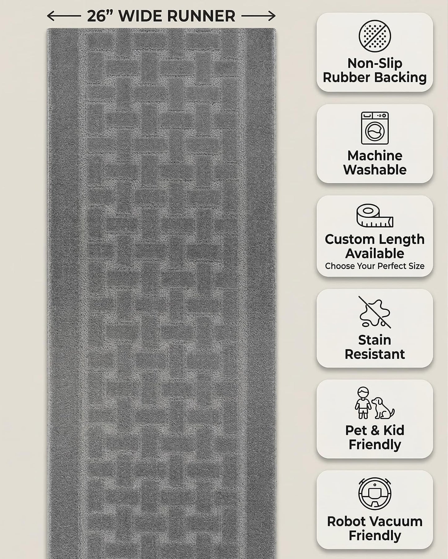 Runner Rug 8 ft, Non-Slip Washable Rug, Grey Textured Carpet for Kitchen Hallway Laundry Entryway, Rubber Backing, Indoor, Rolled in Box (26" x 8'), Custom Size Floor Runner