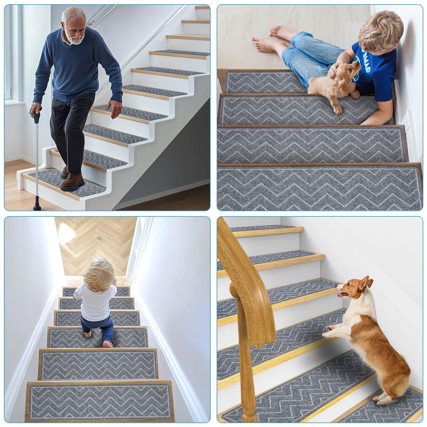 DK177 Stair Treads for Wooden Steps, 15 Pack 8"x30" Non-Slip Indoor Carpet Stair Treads with Reusable Polyester TPE Backing for Kids Elders and Pets (Dark Gray, 15PCS)