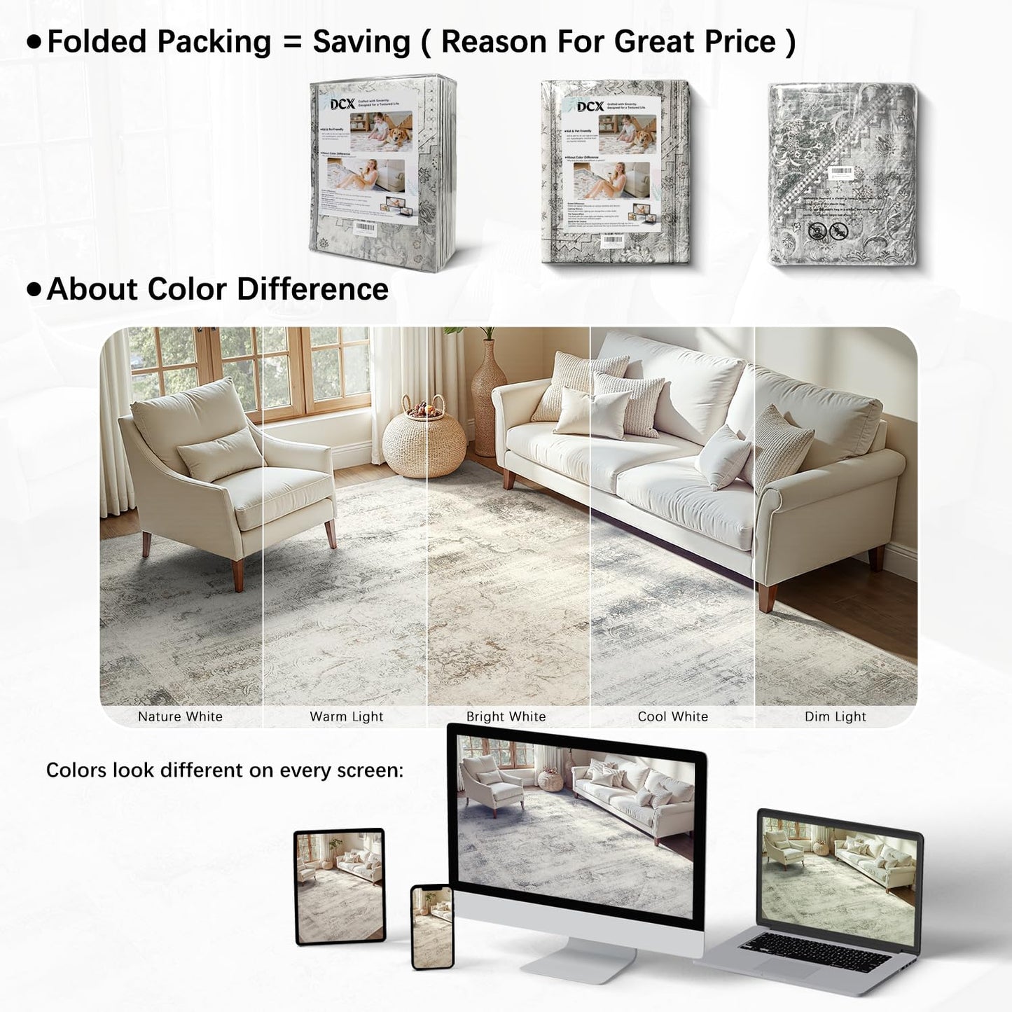 DCX 5x7 Vintage Rug, Machine Washable Stain Resistant Distressed Beige Rug, Kid & Pet Friendly with Rubber Back Non Slip Soft Low Pile Large Carpet for Living Room, Bedroom, Home Office