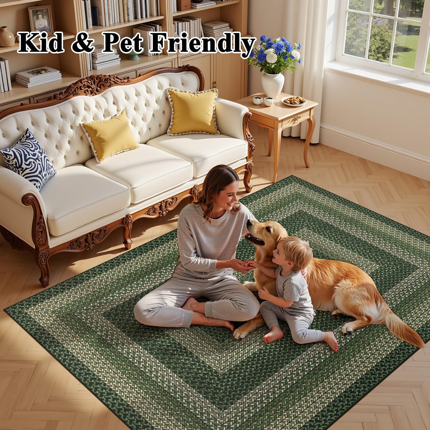 Ileading Faux Braided Area Rug 6'x9' Washable Farmhouse, No-Shed Non-Slip Woven Carpet, Pet Friendly Stain Resistant Jute Style Rug for Living Room Dining Bedroom Office
