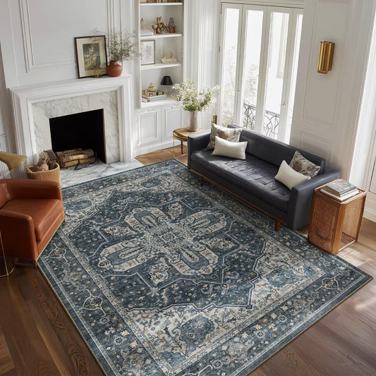 6x9 Area Rugs for Living Room, Washable Boho Non-Slip Vintage Distress Large Rugs for Bedroom Dining Room Nursery Office, 0.3" Neutral Oriental Throw Thin Carpet, Blue/Multi