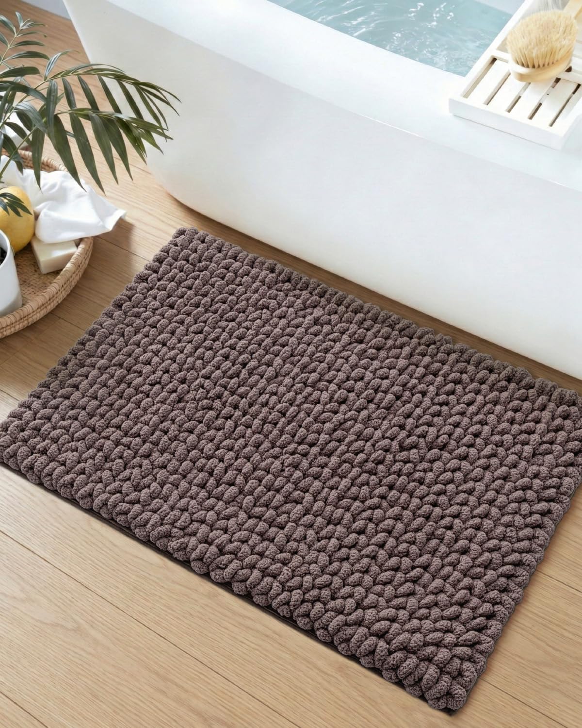 DEXI Bathroom Rugs 24x36, Non Slip Washable Bath Mat, Luxury Chenille Super Absorbent Ultra Thick Bathmats for Shower Floor, Plush Fluffy Shaggy Carpet for Tub, Brown