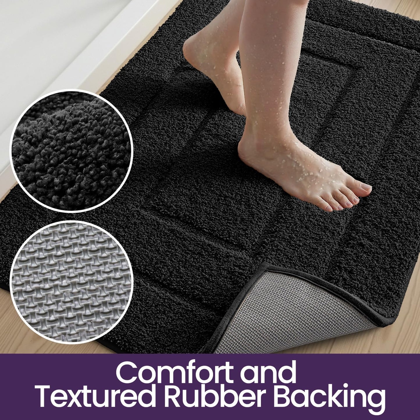 DEXI Bathroom Rug 43x24, Non Slip Washable Bath Mat for Shower Floor, Extra Large Absorbent Soft Bathmat with Rubber Backing, Quick Dry Microfiber Carpet, Black