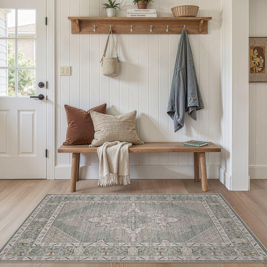 Tortania Area Rug Living Room Rugs - 3x5 Washable Rug Vintage Oriental Distressed Farmhouse Small Thin Indoor Carpet for Living Room Bedroom Under Dining Table Home Office - Green Gray