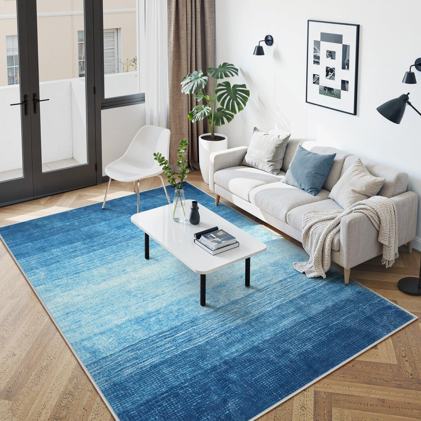Wonnitar Modern Ombre Washable Area Rug 6x9, Blue Large Living Room Rugs, Non-Slip Soft Contemporary Dining Room Table Rug, Stain Resistant Floor Carpet for Mud Room Basement (Blue, 6'x9')