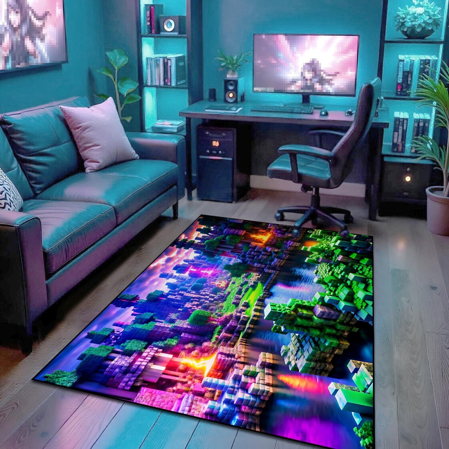 Block Game Rug Teen Kids Carpet, Pixel Games Scene Decoration Mat, Washable Cube Block Game Rugs for Boy's Bedroom Living Room Playroom, Non-Slip Children Gaming Area Rugs, Purple Field, 63" x 47"