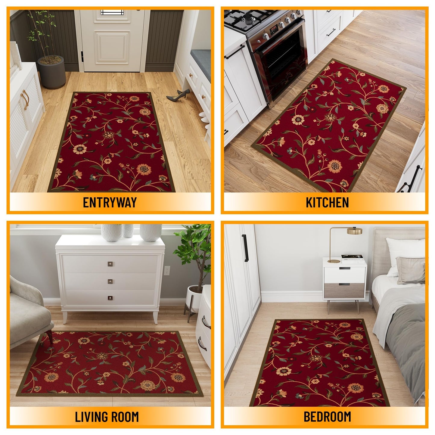 Ottomanson 3'3" x 4'7" Rugs for Living Room Floral Area Rug for Bedroom - Non Slip Durable Large Floor Carpet for High Traffic Areas - Indoor Rug for Dining Room Kitchen Kids Playroom, Red