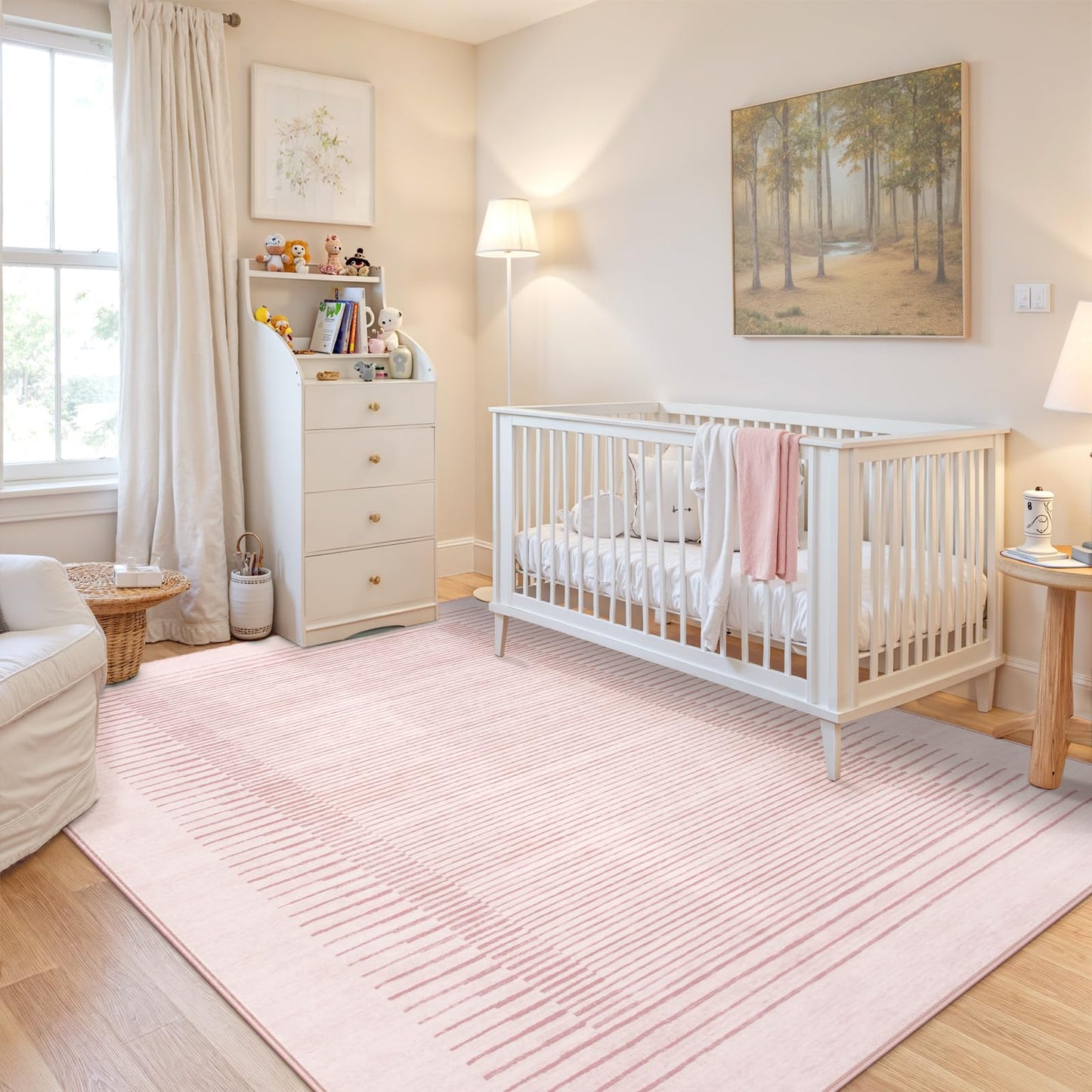 Wonnitar Washable Striped Living Room Area Rug 5x7, Non-Slip Berber Stripe Pink Area Rugs for Bedroom Girls, Low Pile Soft Large Throw Carpet for Kids Nursery Room (Pink,5' x 7')