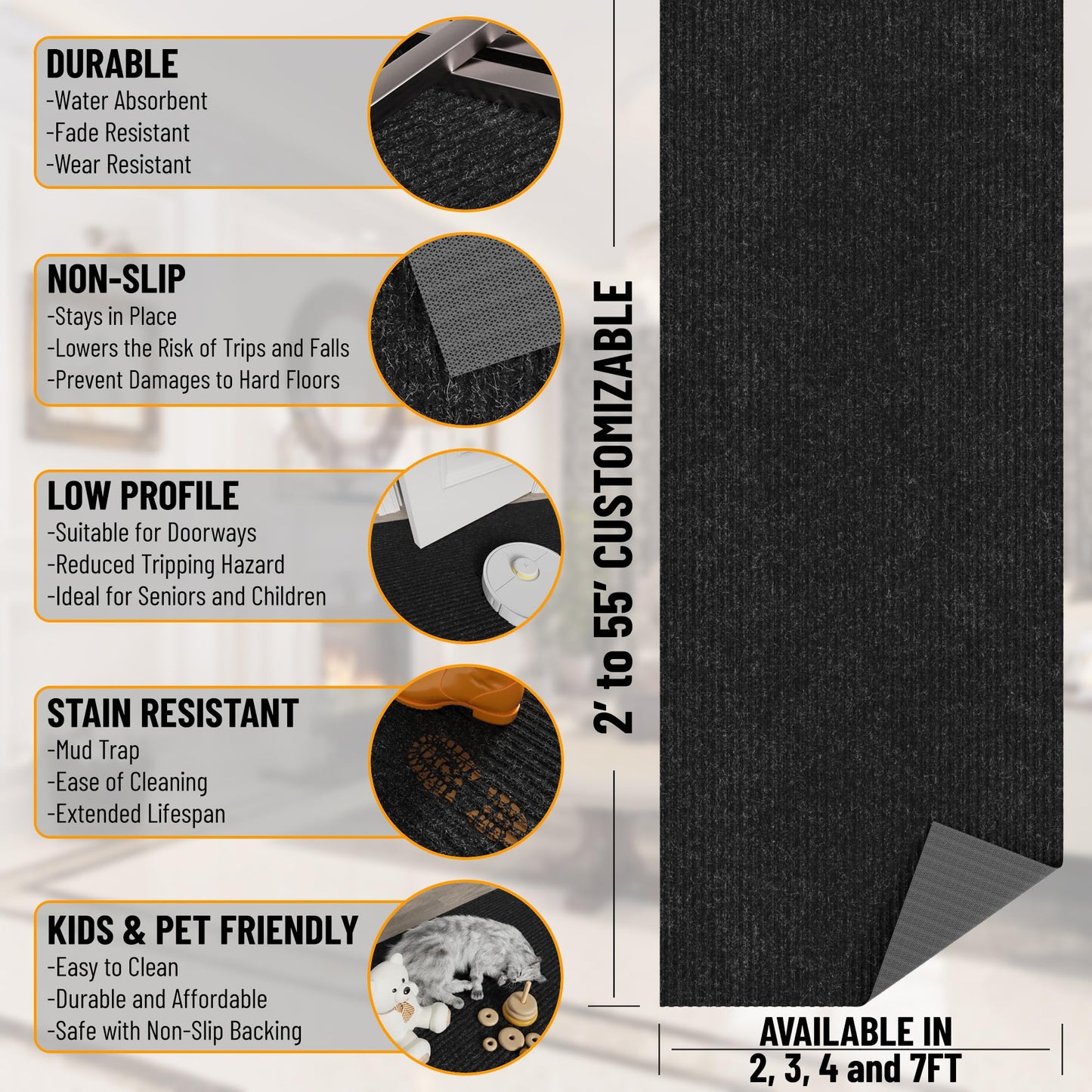 Ottomanson Hallway Runner Rug 2' x 6' Durable Non-Slip Mat with Scraper Pile for Indoor & Outdoor Use - Ideal for Kitchen, Entryway, Patio & Garage - High-Traffic Carpet, Black