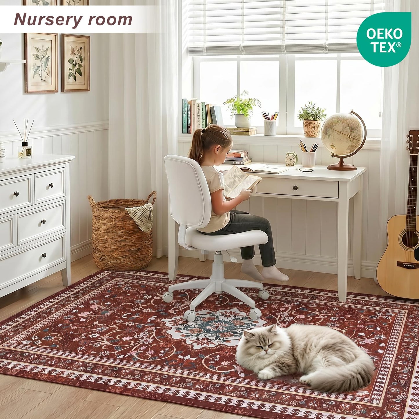 BLEUM CADE 8' x 10' Red Boho Rugs for Living Room, Washable Low Pile Non-Slip Area Rugs for Bedroom Dining Room Kitchen Classroom Office Nursery Playroom