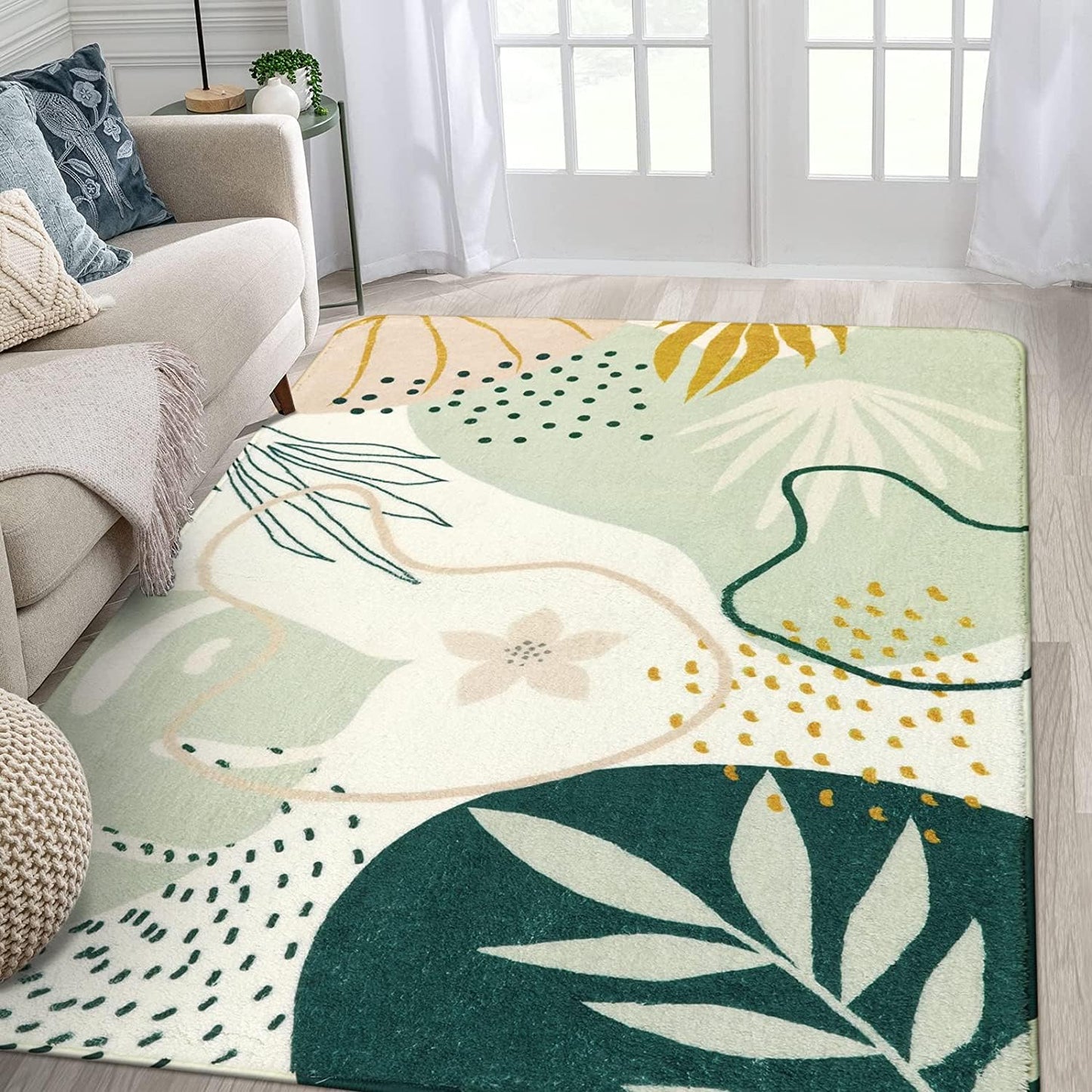 Lahome Sage Green Boho Area Rug 5x7, Washable Non Slip Soft Botanical Rug for Living Room Bedroom Cozy Home Decor
