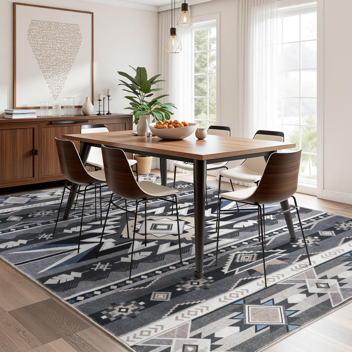 Western Rug for Living Room, 6x9 Non Slip Low Pile Aztec Rug for Bedroom, Dining Room Rugs for Under Table, Office, Large Machine Washable Area Rugs, Grey
