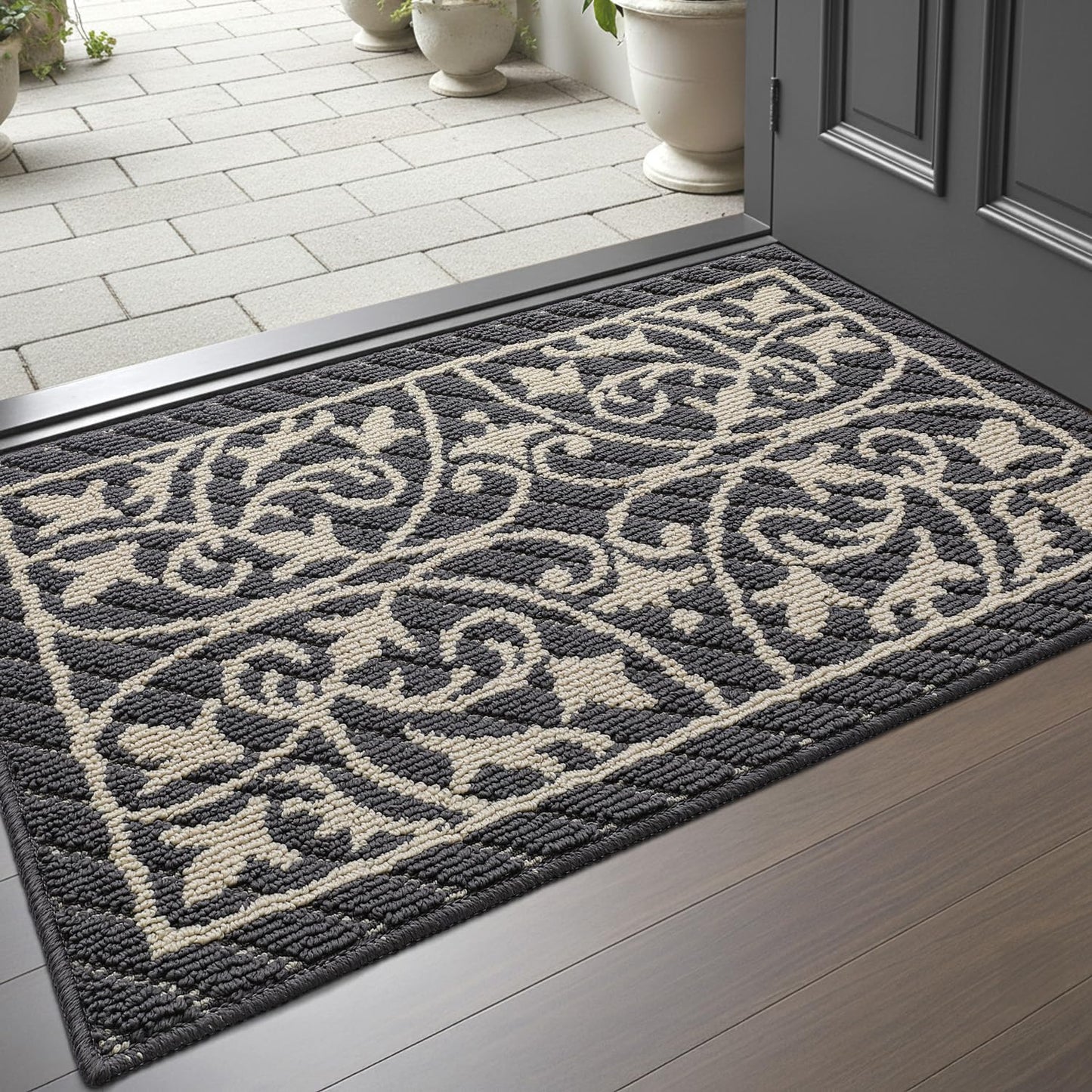 DEXI Front Door Mat Indoor Entryway, Inside Welcome Entrance Doormat Low Profile Thin, Non Slip Washable Entry Mats for House Floor Dirt Trapper, 24x36, Dark Gray